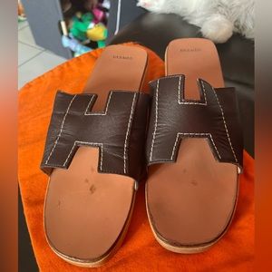 Authentic Hermes Brown Leather H Wooden Clogs 39